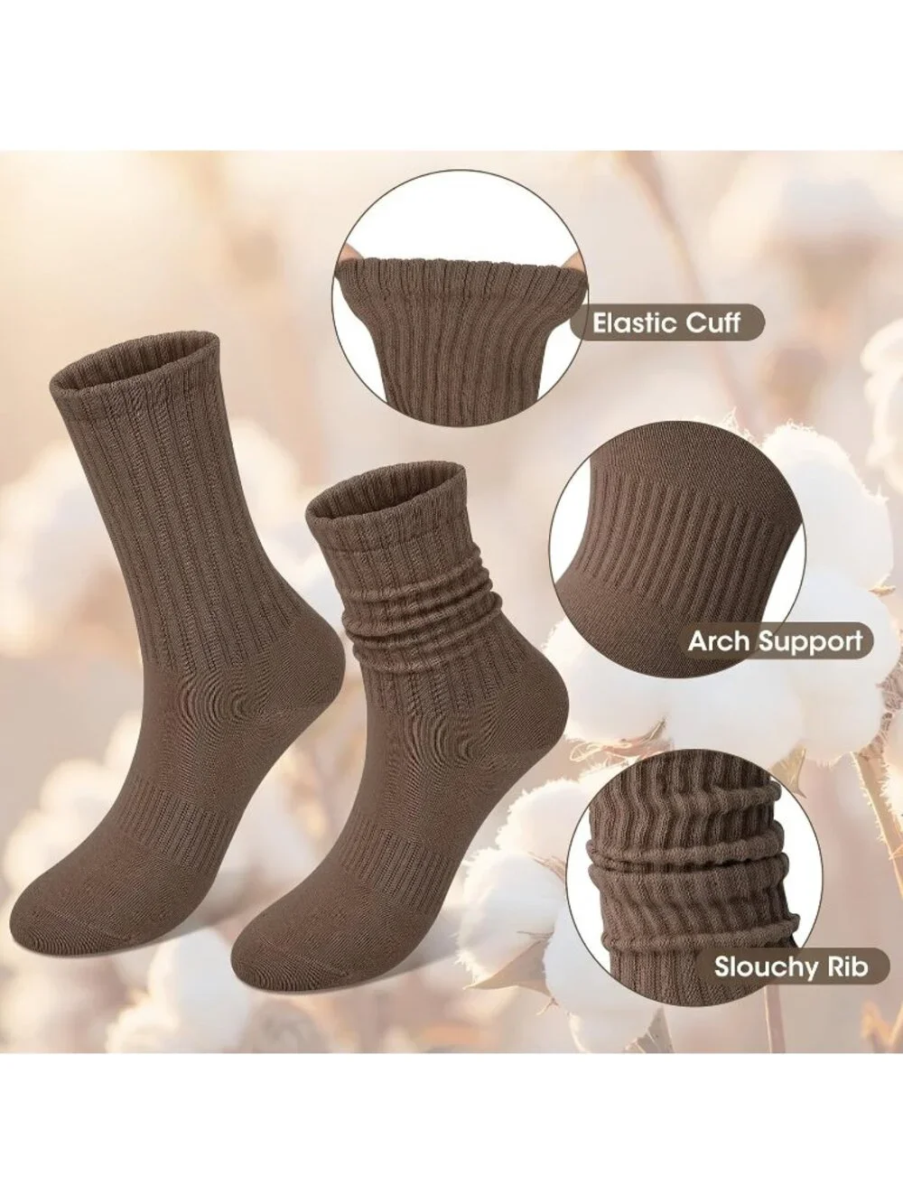 🧦Women's Brown White 5 Pair Slouchy Socks Slouch Cotton Crew Scrunch Socks